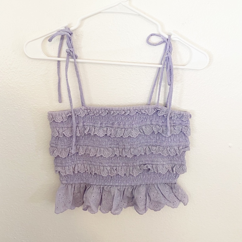 🚫 SOLD 🚫 Storia Womens Smocked Lilac Crop Top with Ruffles Size Medium NWT